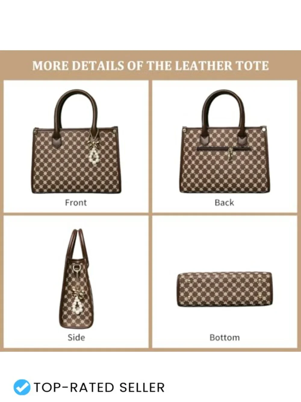 Women's Satchel Bag 3-Piece Set PU Leather with Plaid Bow Top Handle Crossbody